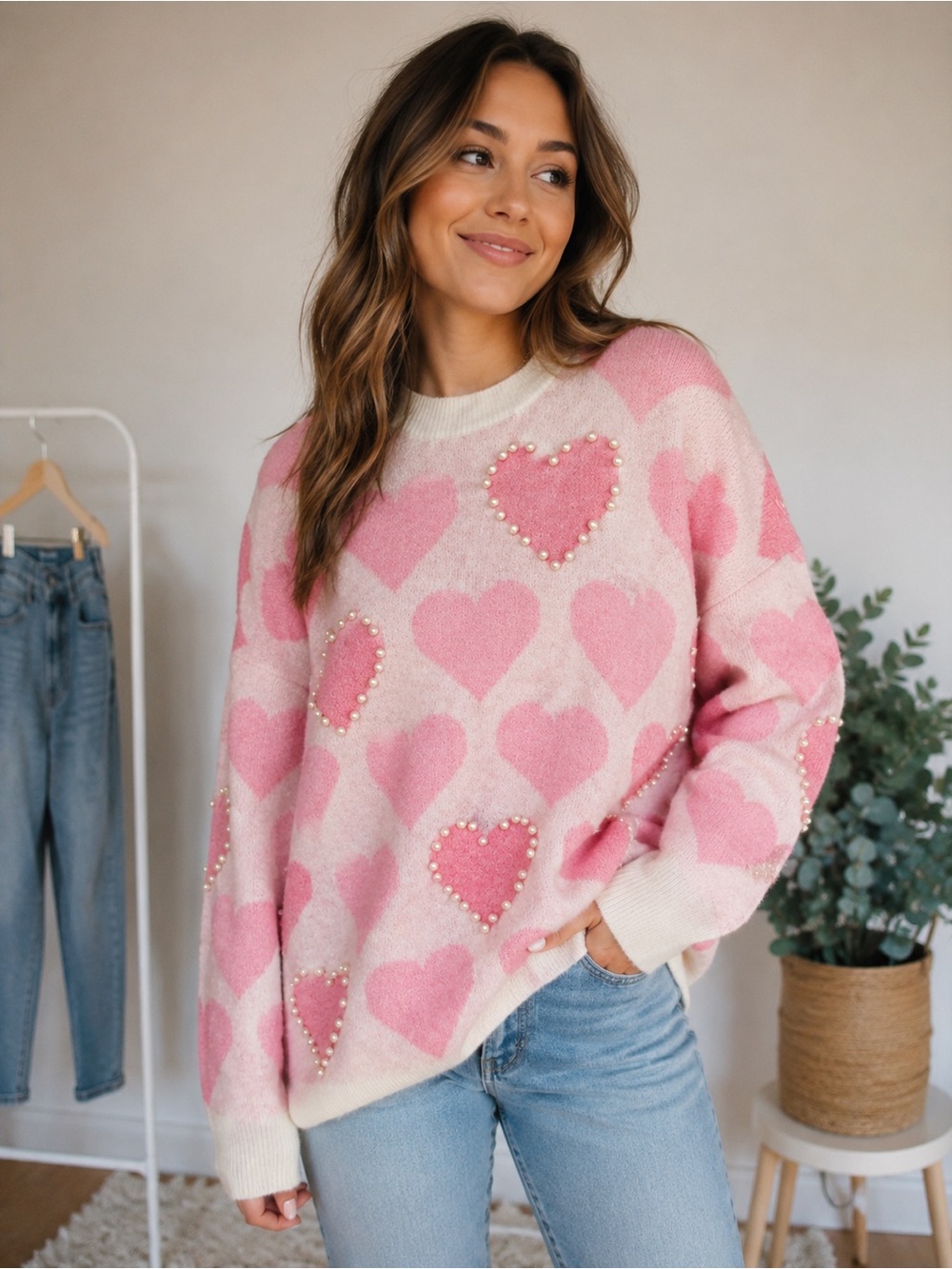 Pearl-Embellished Pink Heart Crewneck Sweater